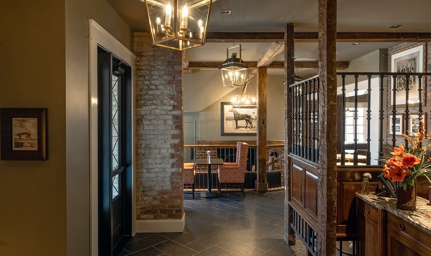 Rustic Interior with Reclaimed Wood Columns and Chandeliers in Pennsylvania