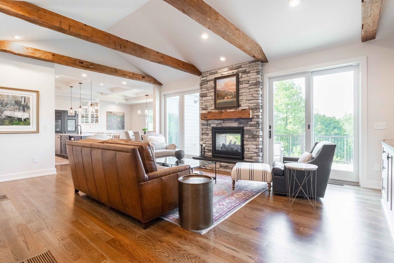 Rustic living room showcasing a barn to house conversion.
