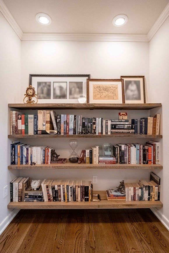 Home Library with Shelves Made from Reclaimed Barn Beams in Pennsylvania