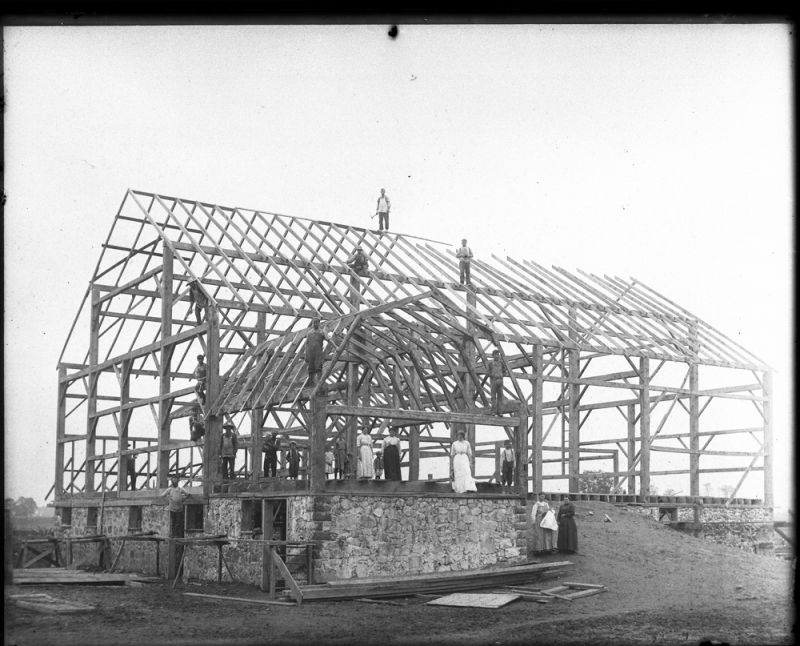 Construction of Pre-Civil War barn frames with timber beams.