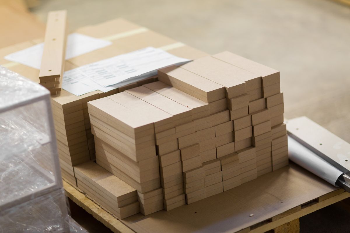 Stacked Medium-Density Fiberboard blocks on a pallet.