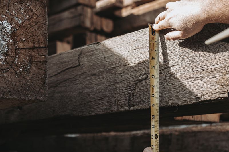 Measuring a wooden beam for barn frame architectural planning.