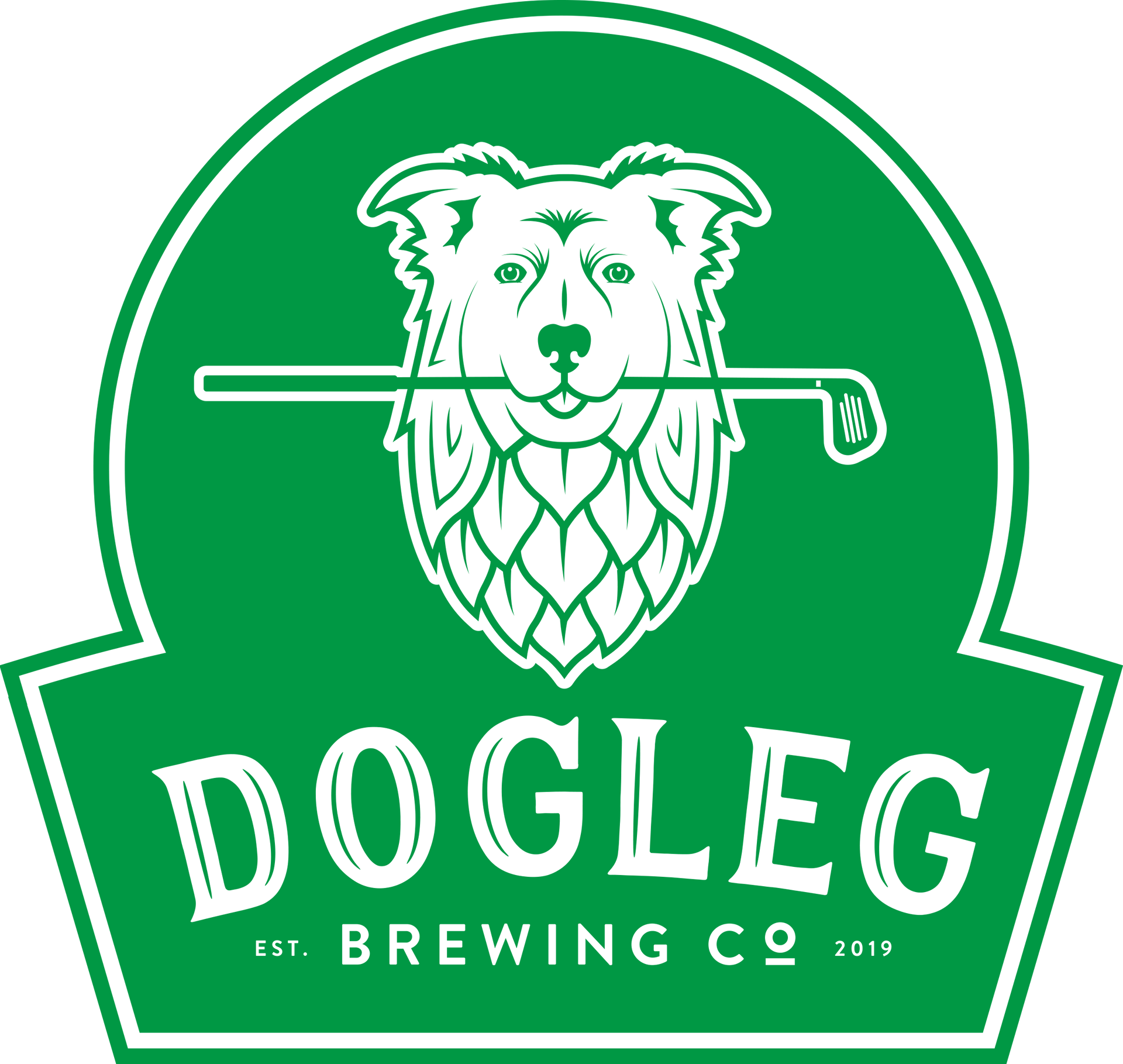 a logo for dogleg brewing company with a dog holding a golf club