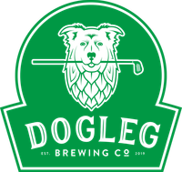 a logo for dogleg brewing company with a dog holding a golf club