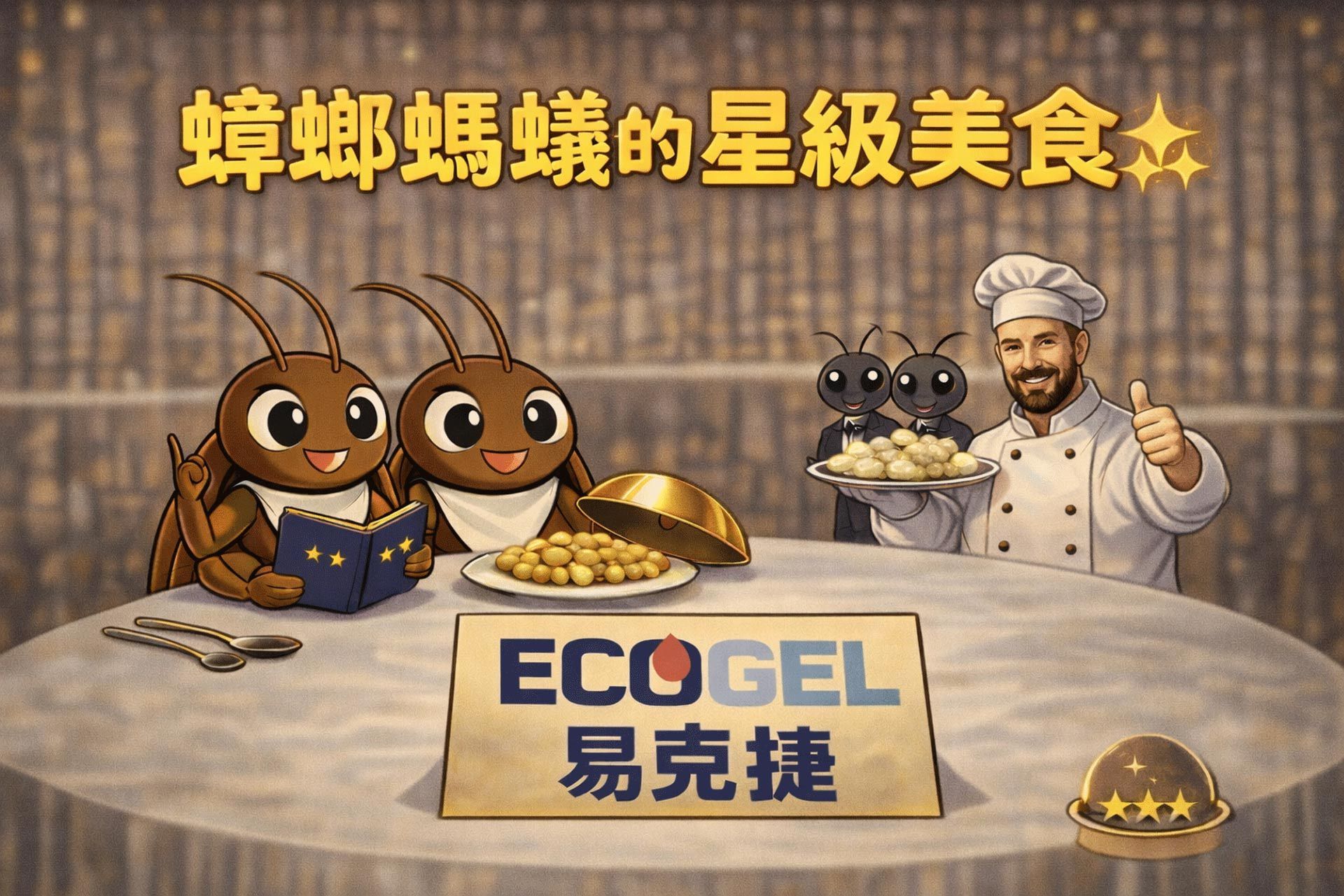 A chef serves cockroach and ant characters at a table for a 