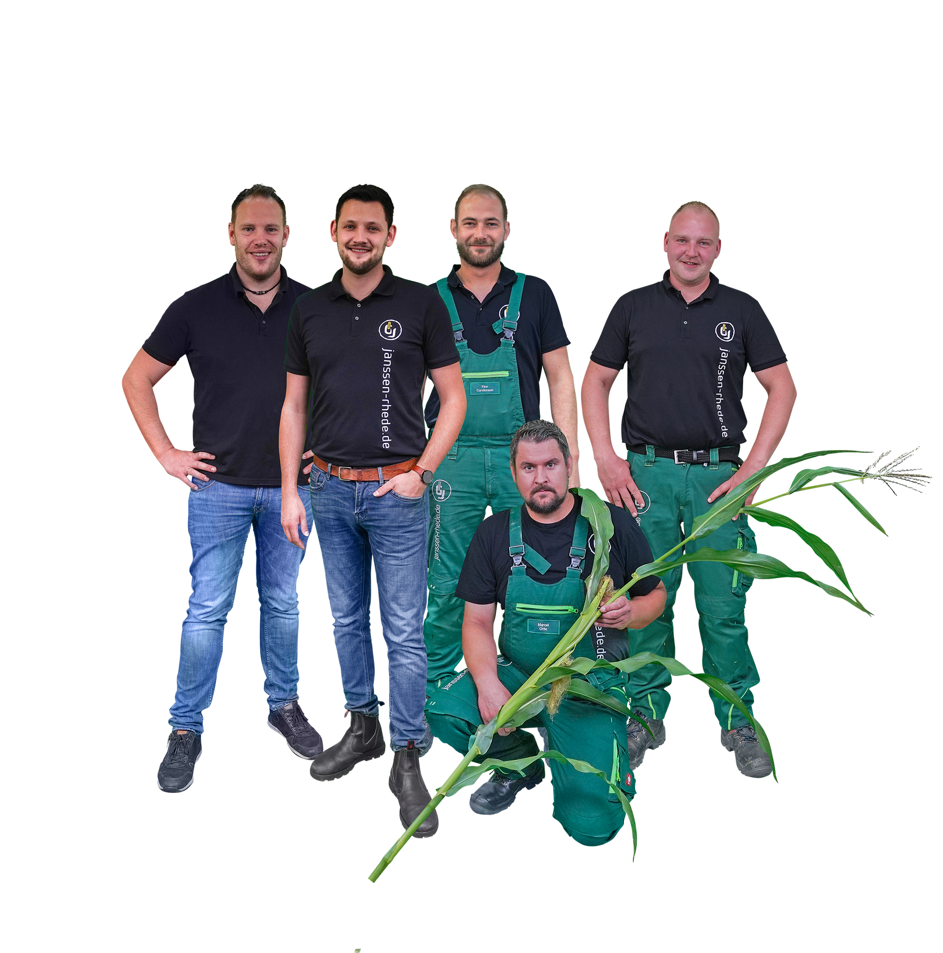 Eine Gruppe von Männern von Janssen GmbH & Co. KG Rhede/Ems, die nebeneinander stehen und Maispflanzen halten.