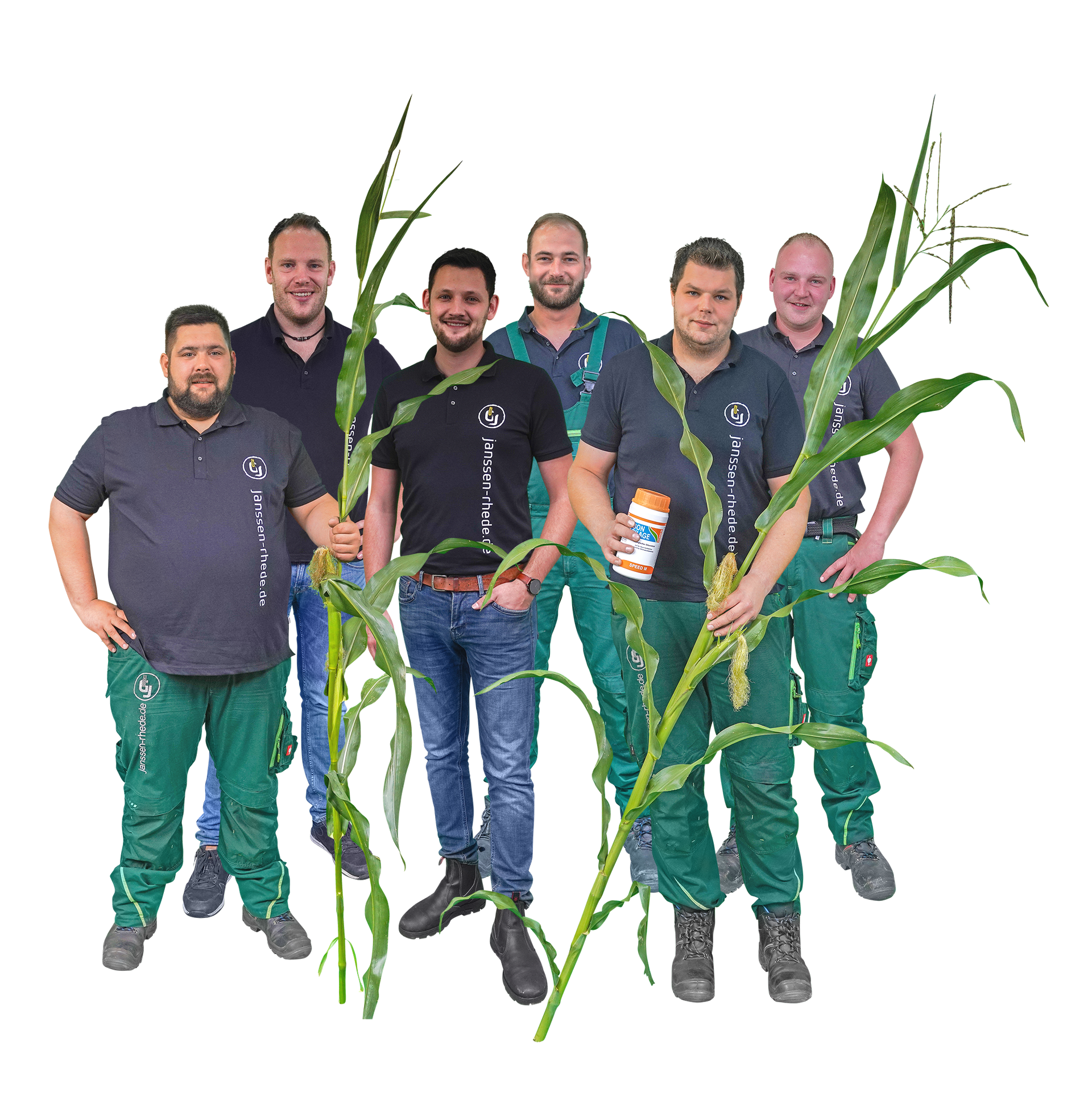 Eine Gruppe von Männern von Janssen GmbH & Co. KG Rhede/Ems, die nebeneinander stehen und Maispflanzen halten.