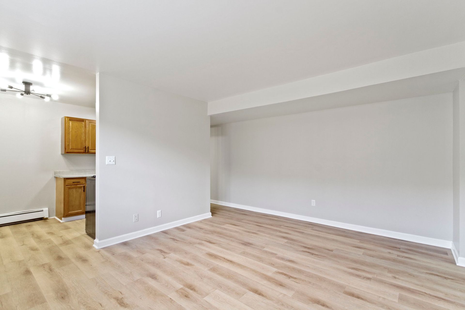 Empty living room with wood-look floors, light gray walls, and a glimpse of a kitchen.