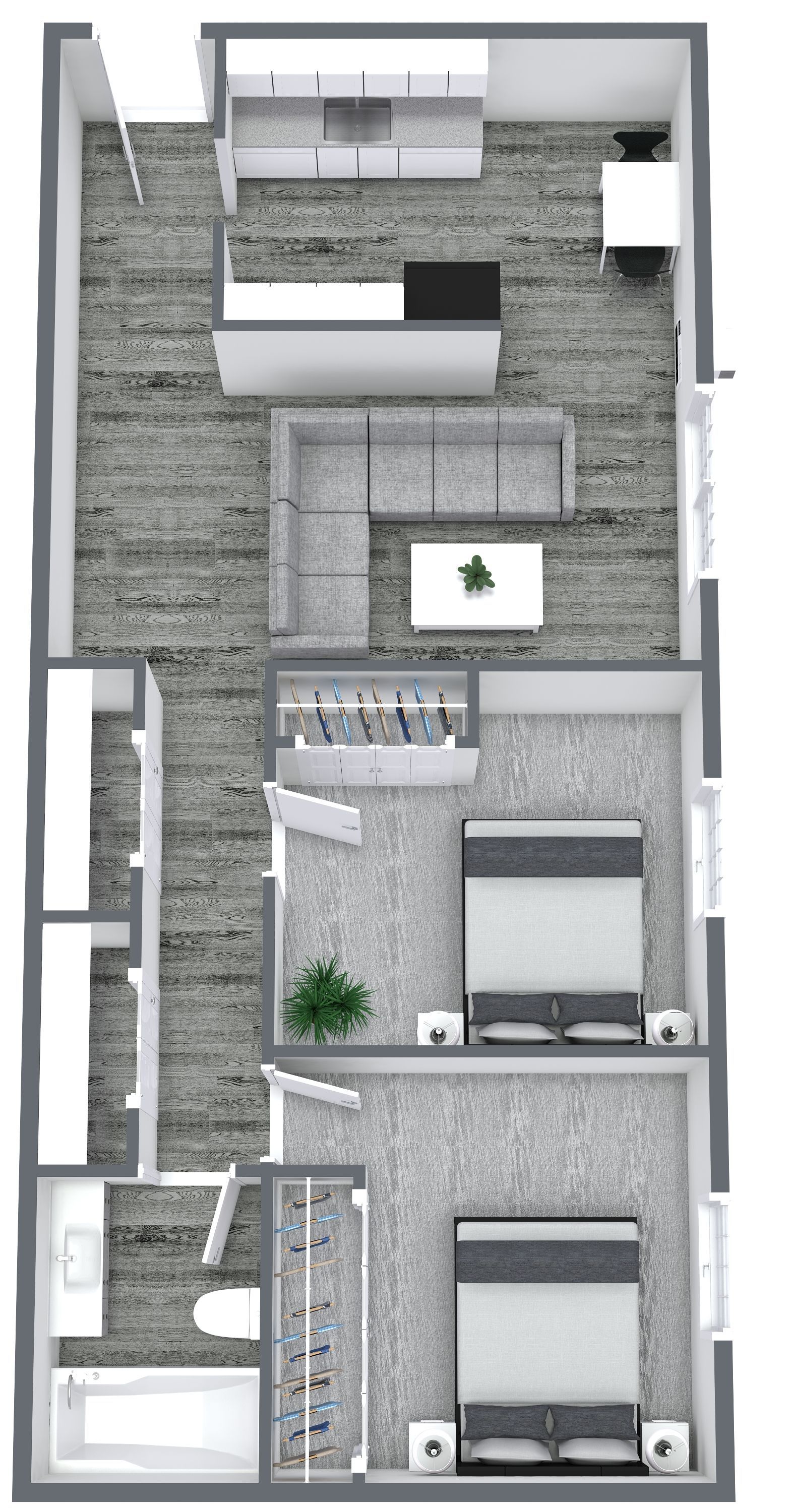 Floor plan of a two-bedroom apartment with kitchen, living room, and two bedrooms with attached bathrooms.
