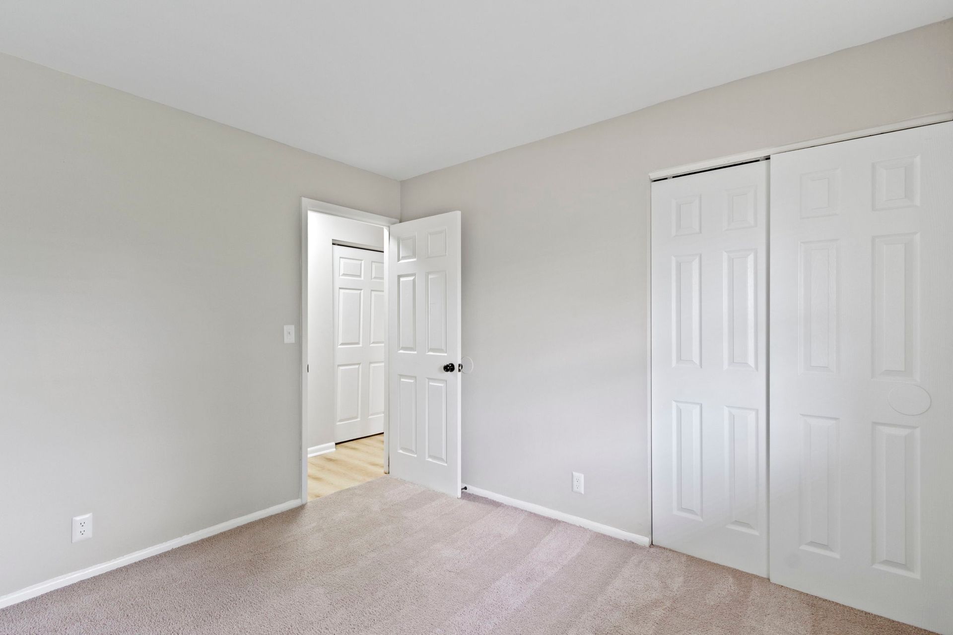 Empty bedroom with light gray walls, carpet, two closet doors, and two open doors.