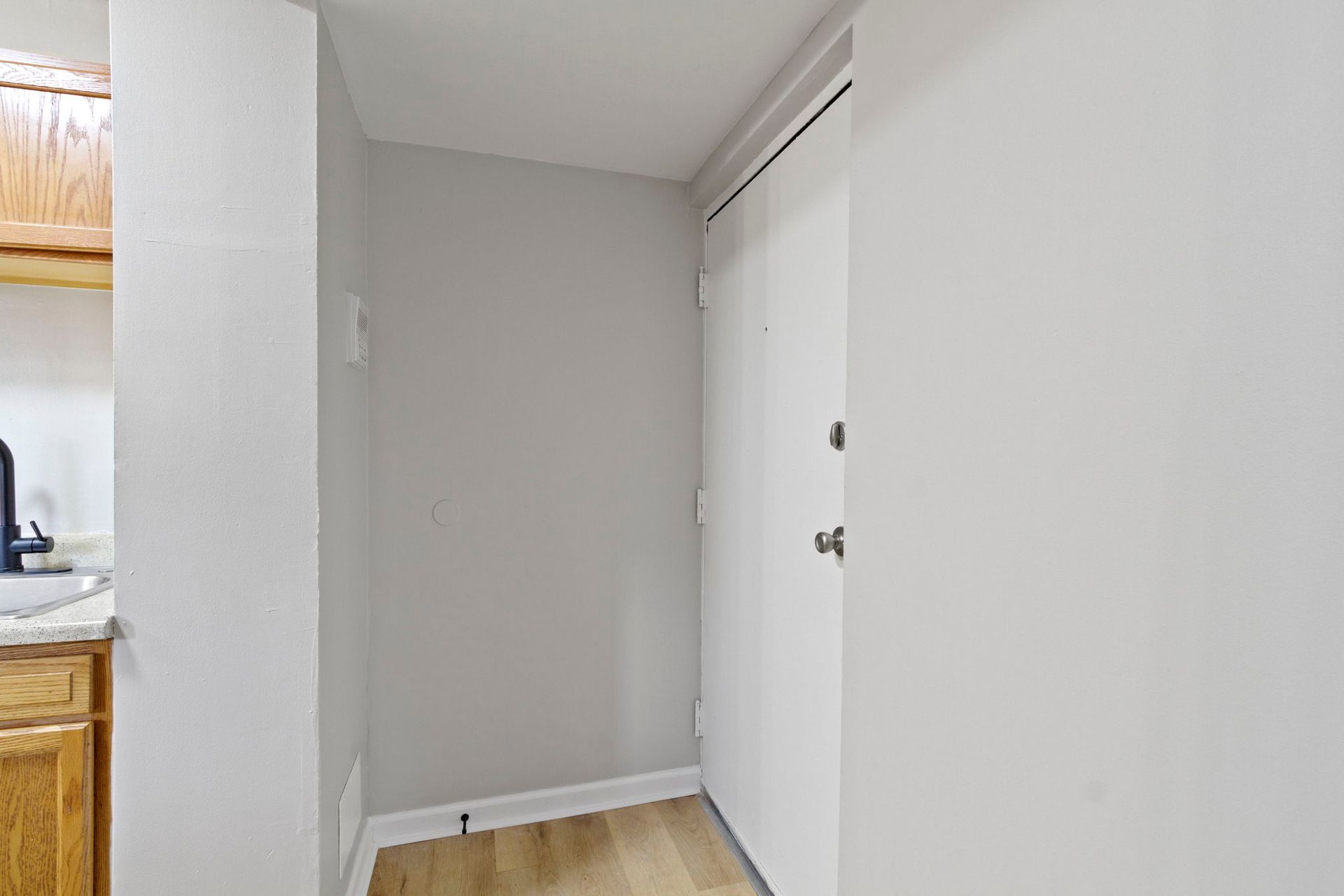 Entryway with a white door, light gray walls, and wood-look flooring.