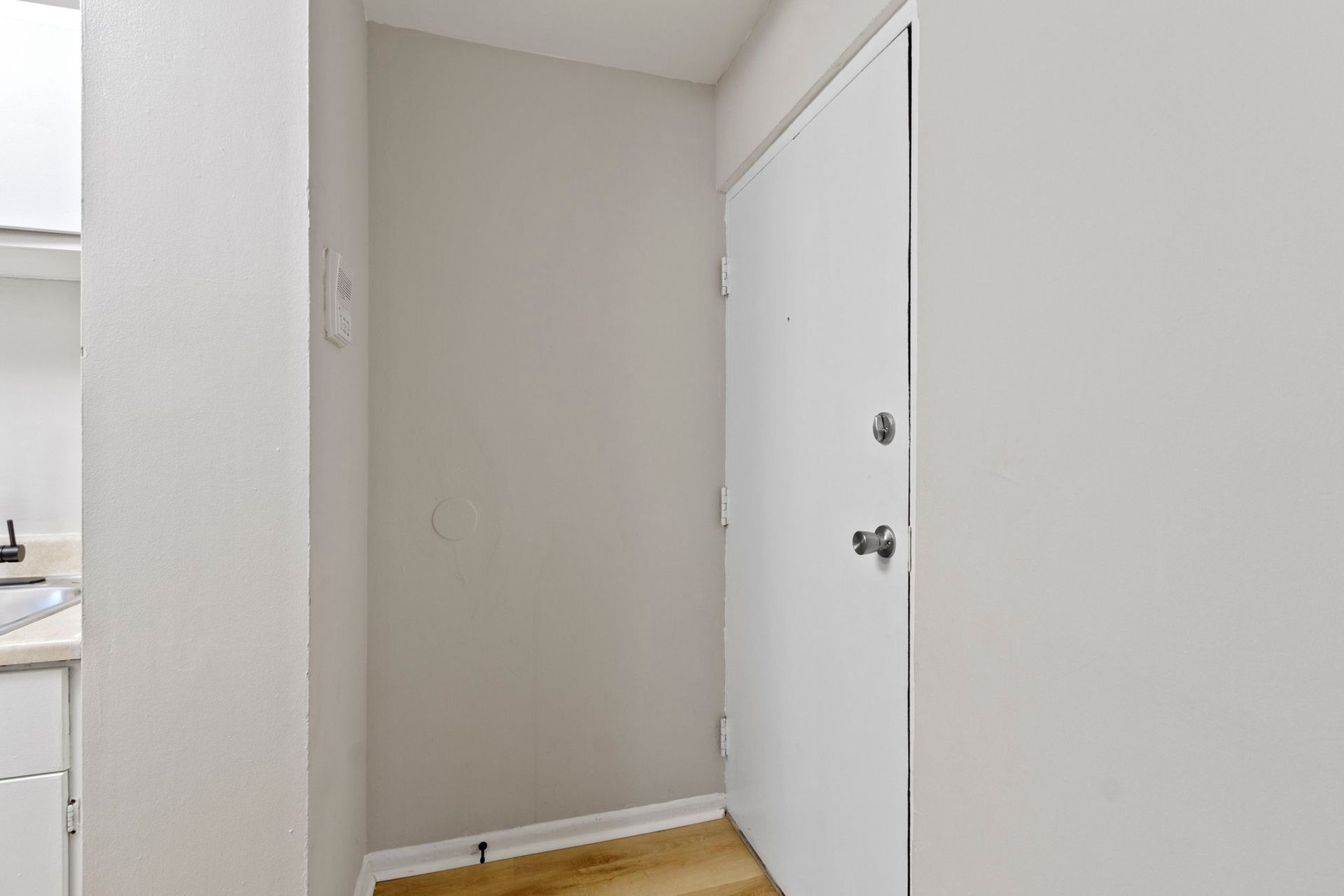Hallway with white door and walls; blonde hardwood floor.