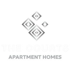 Tile Courts Apartment Homes logo. Silver geometric shapes with name and tagline.