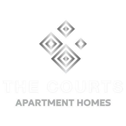 Tile Courts Apartment Homes logo. Silver geometric shapes with name and tagline.