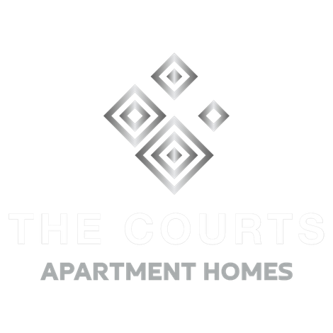 Tile Courts Apartment Homes logo. Silver geometric shapes with name and tagline.