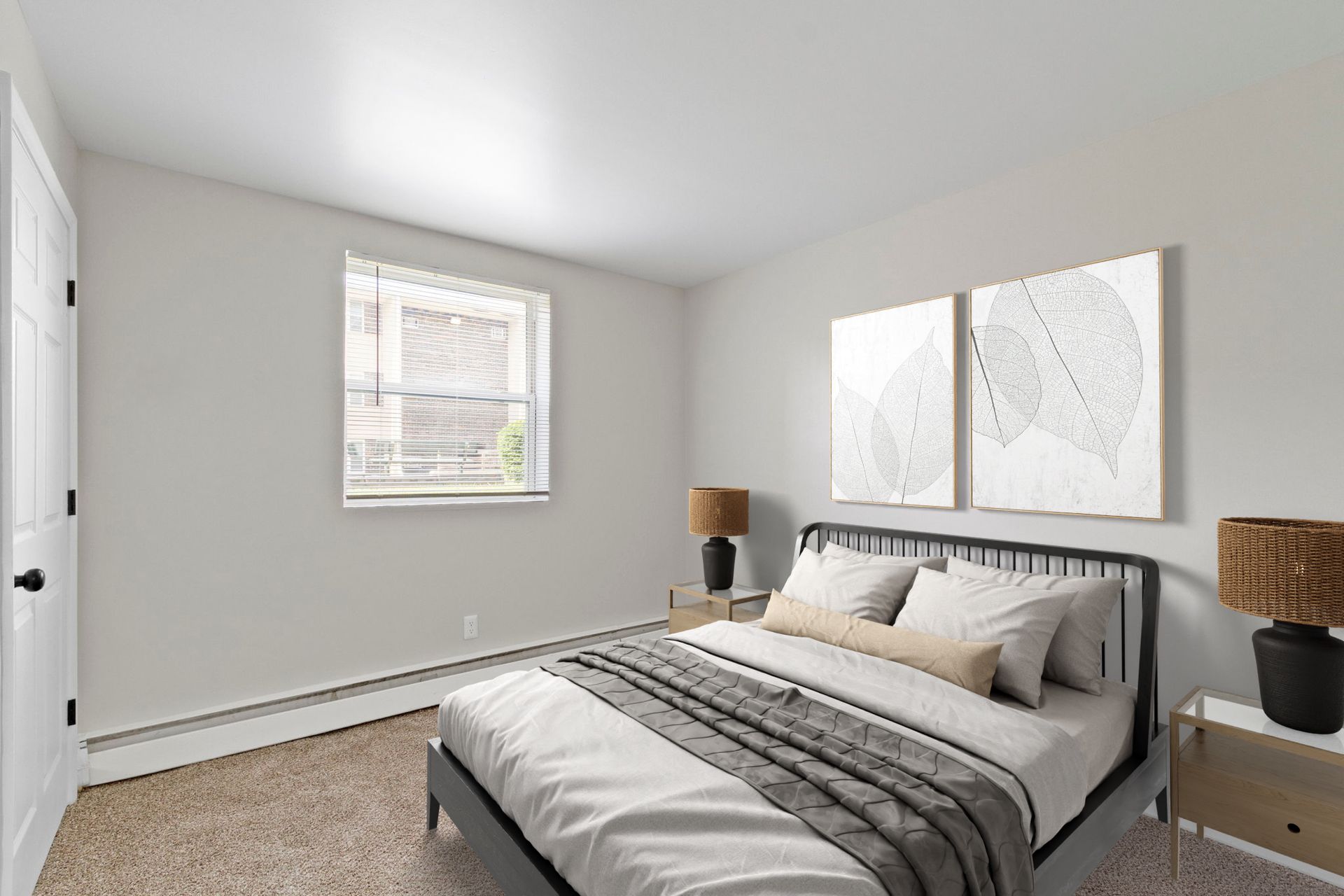 Bedroom with bed, two nightstands, window, white walls, and beige carpet.