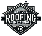 A black and white logo for revival roofing and exteriors.