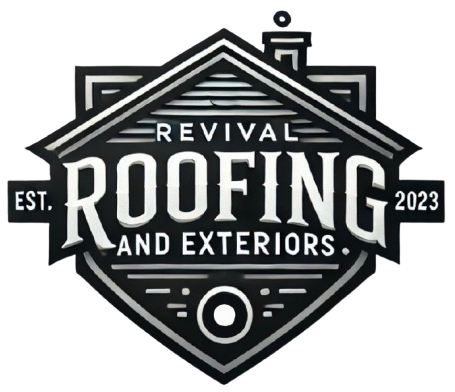 A black and white logo for revival roofing and exteriors.