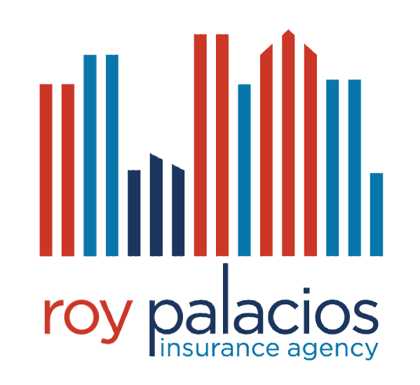 Logo for roy palacios insurance agency in red , white and blue.