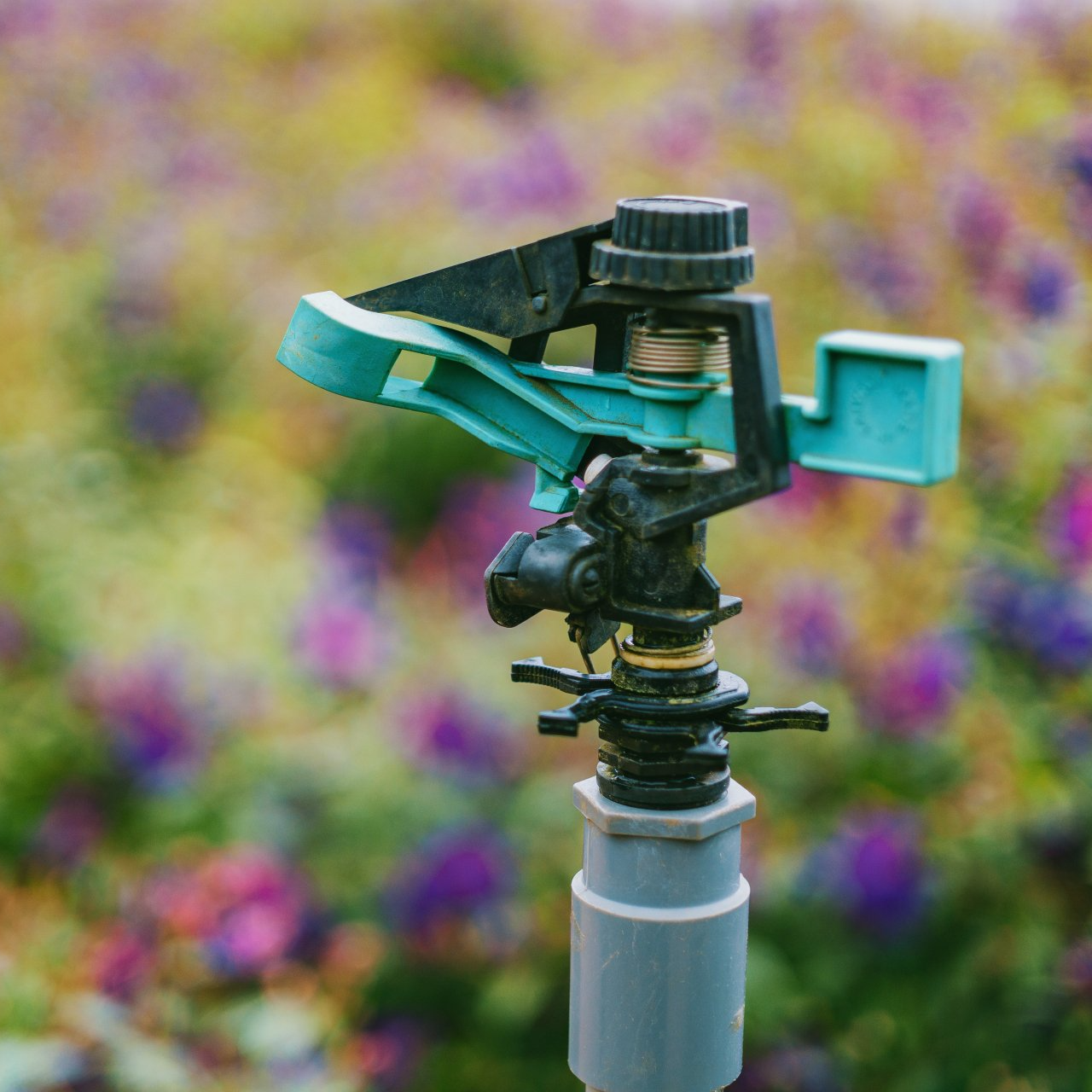A sprinkler is sitting in front of a field of flowers.