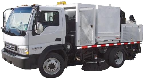 A white truck with a broom attached to the back of it