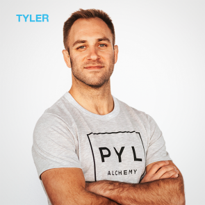 Man with arms crossed, wearing a grey t-shirt with "PYL Alchemy" logo, named Tyler.