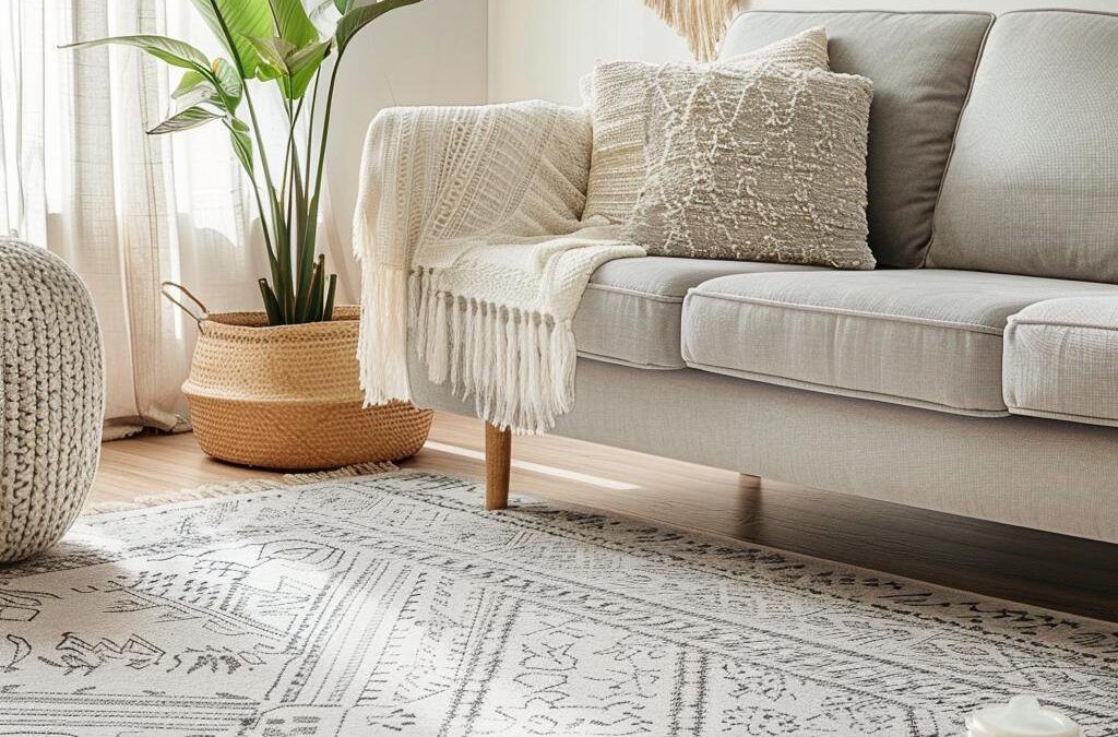 Cozy living room with a gray sofa, patterned rug, potted plant, and woven basket.