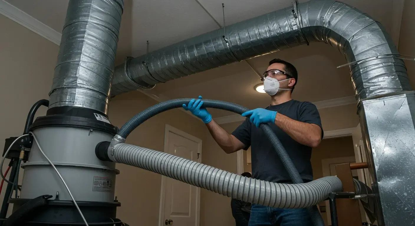 Man cleaning HVAC ductwork with a vacuum and hose; indoors.