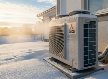 Mitsubishi Zuba heat pump in snow, next to a house, during a winter sunrise.