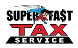 Superfast Tax Service logo: superhero flying above "TAX" in red, text "SUPERFAST" and "SERVICE".