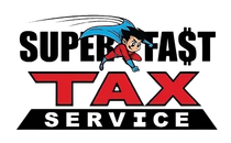 Superfast Tax Service logo: superhero flying above "TAX" in red, text "SUPERFAST" and "SERVICE".