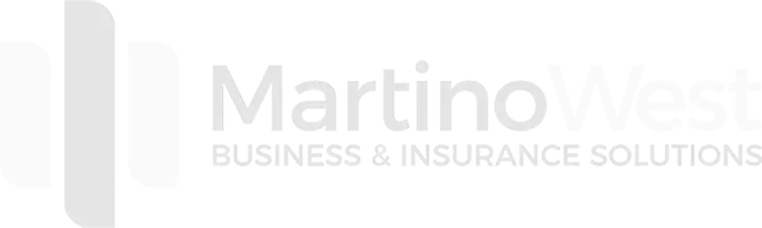 Martino West logo: Business & Insurance Solutions text. Gray shapes on white background.