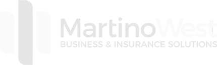 Martino West logo: Business & Insurance Solutions text. Gray shapes on white background.