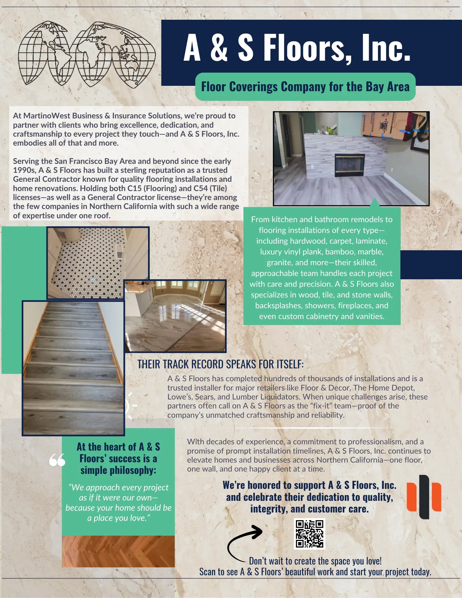 Flyer for A & S Floors, Inc., a Bay Area flooring company, with photos of installed floors and text about their services.
