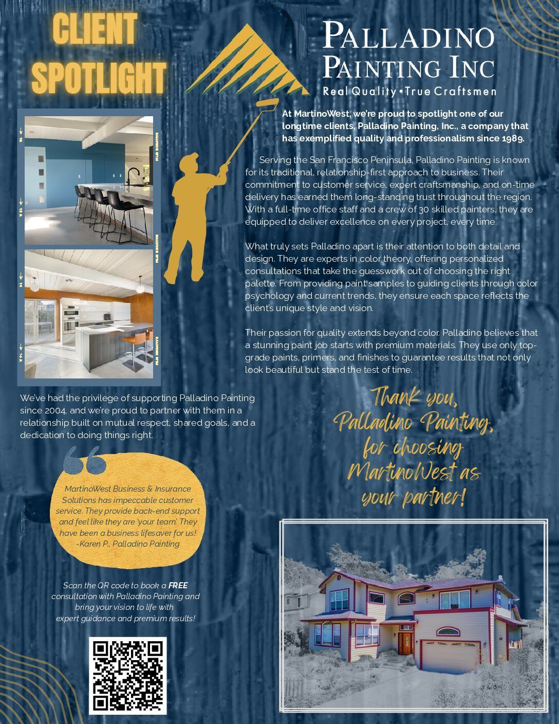 Client spotlight advertisement featuring Palladino Painting Inc., with photos of painted interiors and a house exterior.
