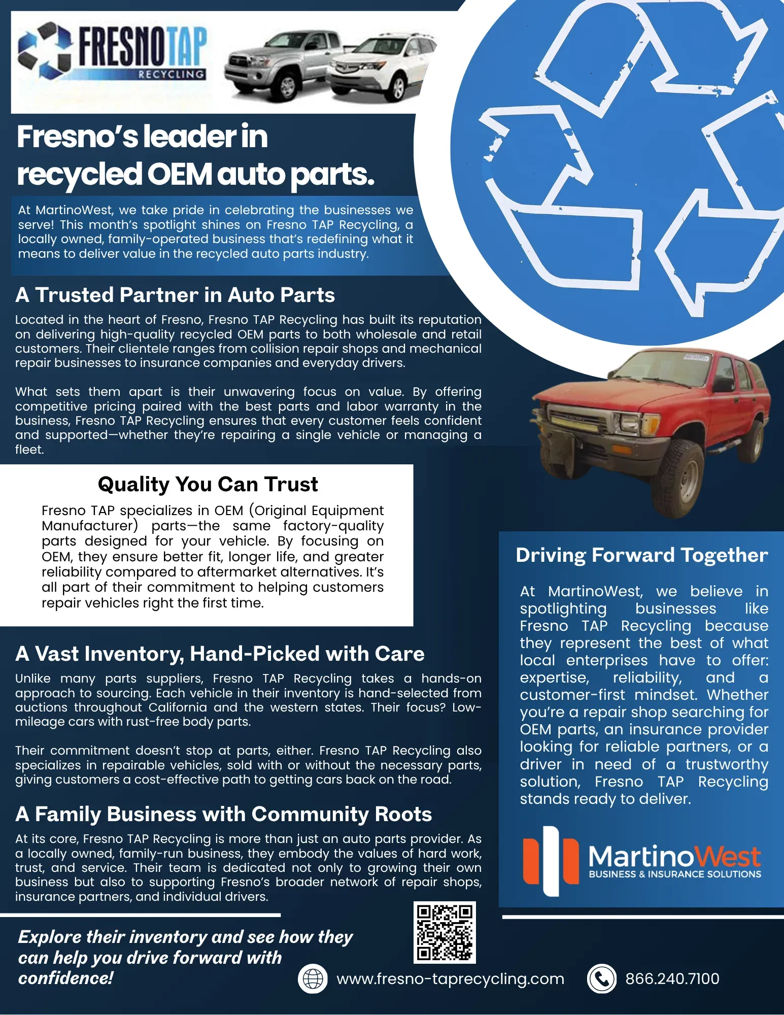 Advertisement for Fresno TAP, recycled auto parts, with photos of trucks and recycling symbol.