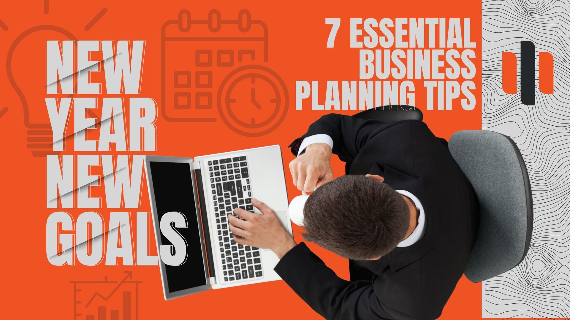 Business owner planning goals at laptop with text “New Year New Goals - Business Planning Tips