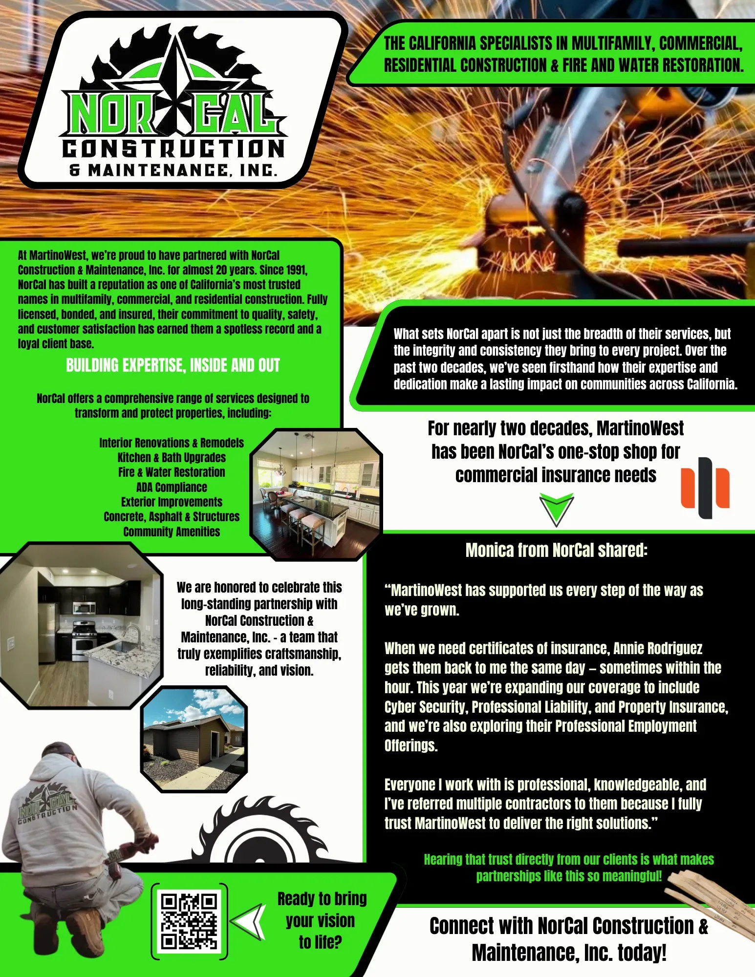 Advertisement for Nori Cxl Construction & Maintenance Inc. Offers contracting services; features photos and a QR code.