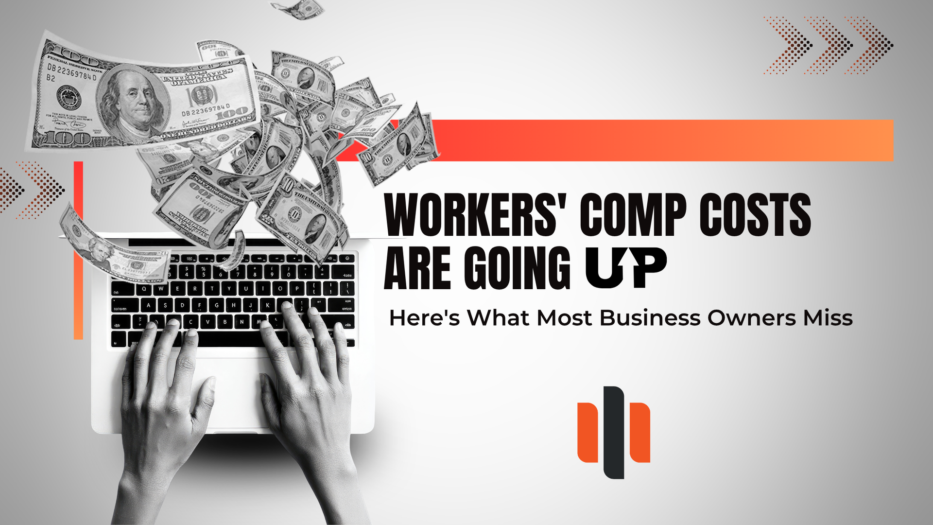Workers' comp costs rising illustration with business owner at laptop and money overhead.