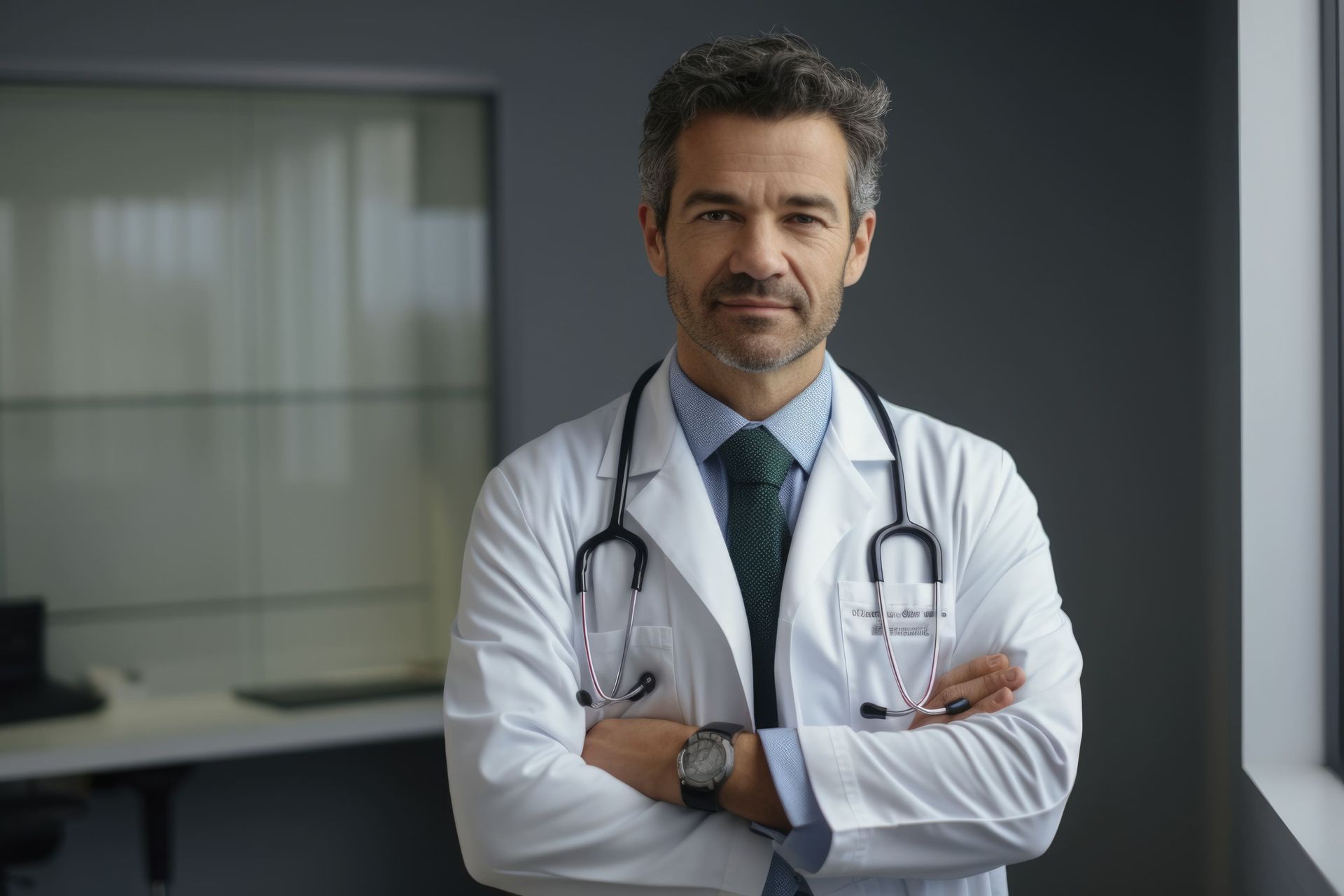 Um médico está parado em frente a uma janela com os braços cruzados.
