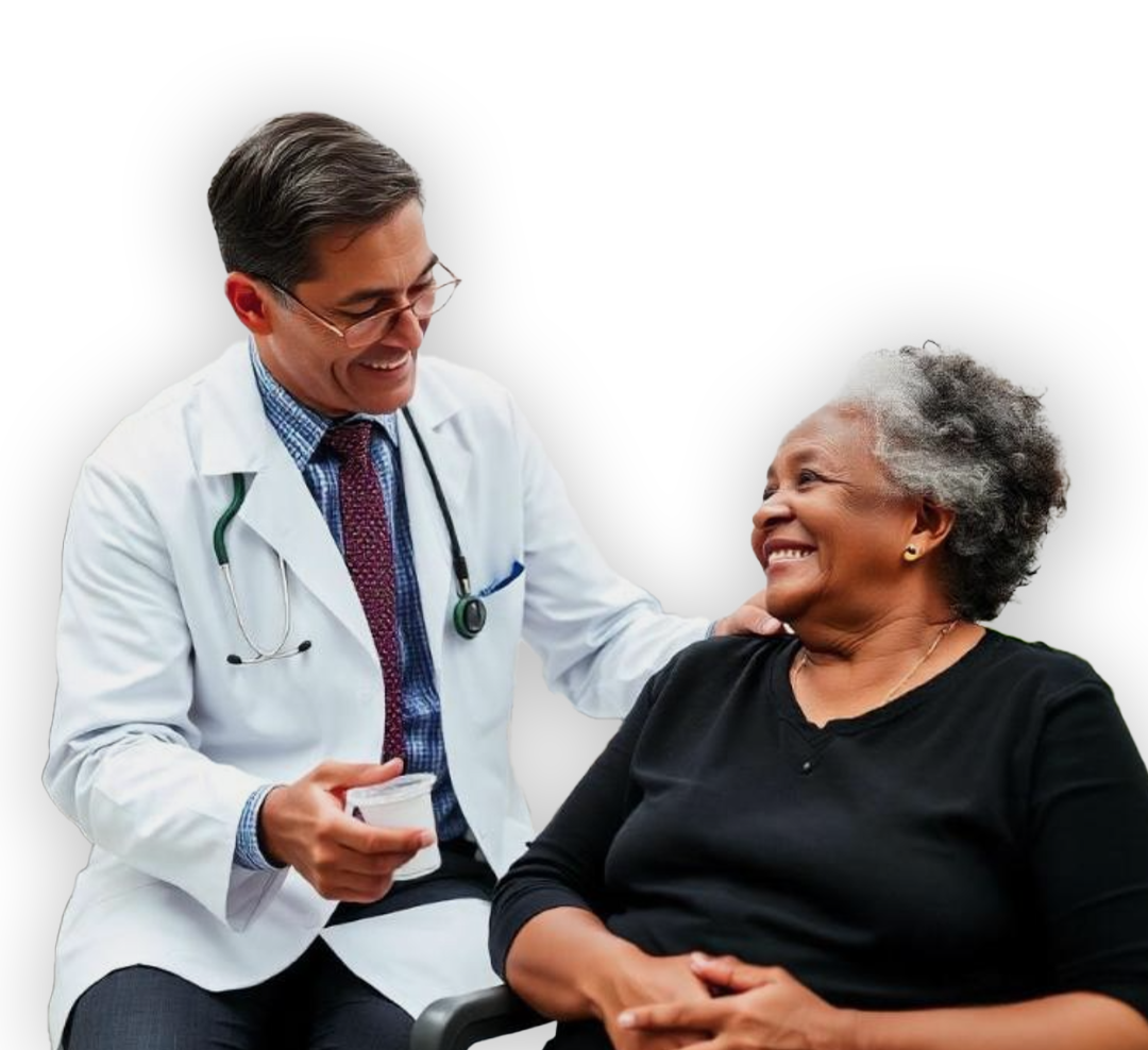 Um médico está conversando com uma senhora idosa em uma cadeira de rodas