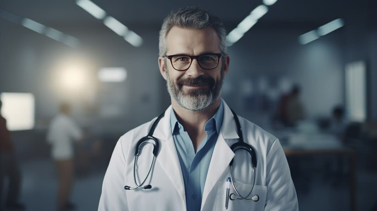 Um médico com um estetoscópio no pescoço está sorrindo em um quarto de hospital.