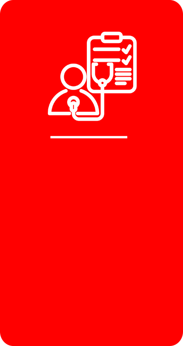Um fundo vermelho com um ícone branco de uma pessoa segurando um estetoscópio e uma prancheta.