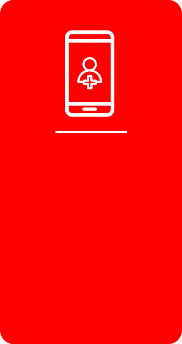 Um fundo vermelho com um ícone branco de um celular com uma pessoa na tela.