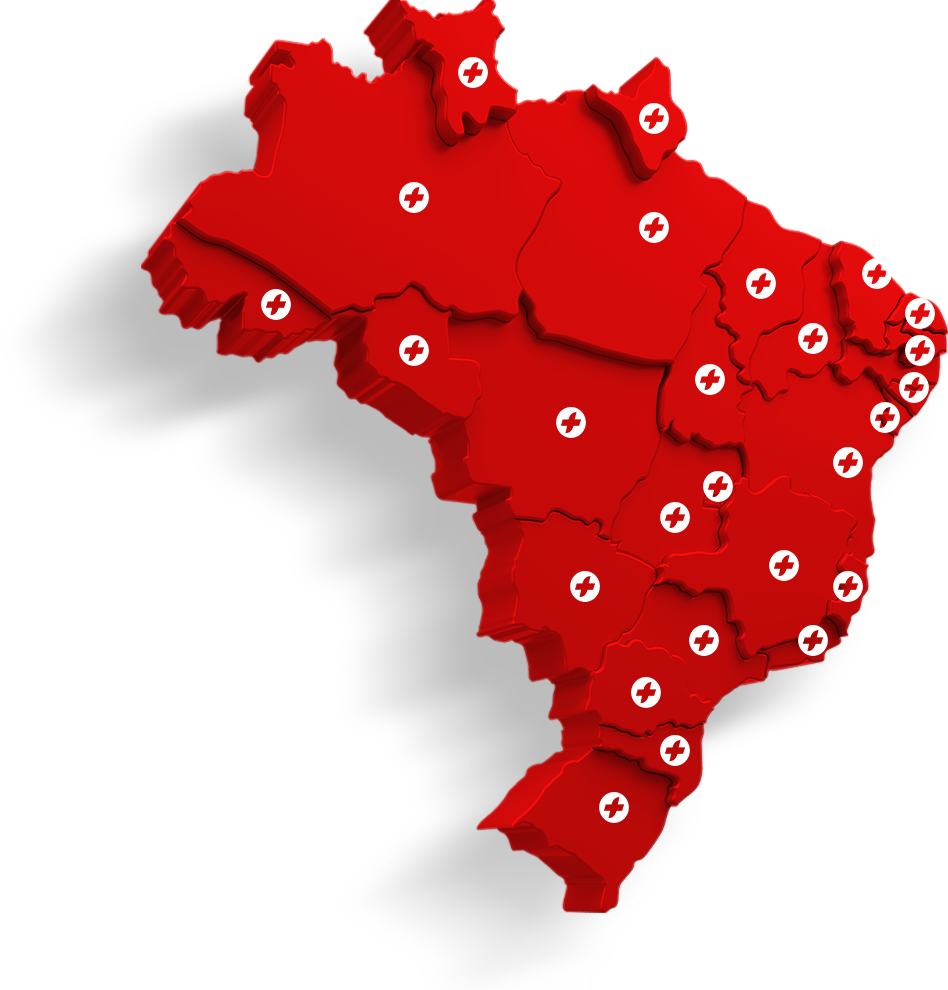 Um mapa vermelho do brasil com círculos brancos