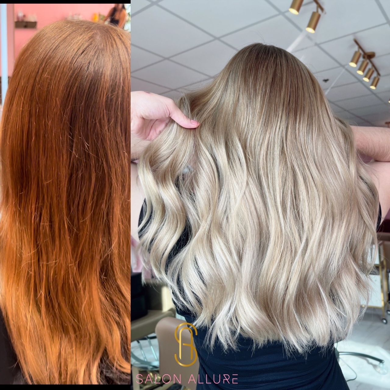 A before and after photo of a woman 's hair