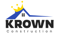 Logo for KROWN Construction: Blue house silhouette with a yellow crown, dark text "KROWN Construction".