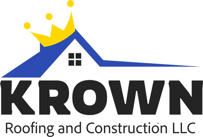 Logo for KROWN Roofing and Construction: Blue house silhouette with a yellow crown, dark text "KROWN Construction".