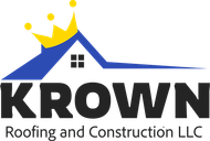 Logo for KROWN Roofing and Construction: Blue house silhouette with a yellow crown, dark text "KROWN Construction".