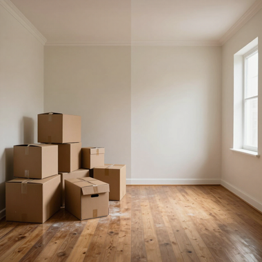 Empty room with hardwood floor, white walls, a window, and stacked cardboard moving boxes in the corner